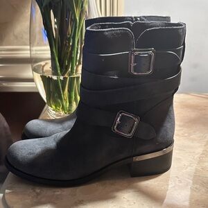 Vince Camuto Webey Moto Boots, featuring suede construction with buckled straps